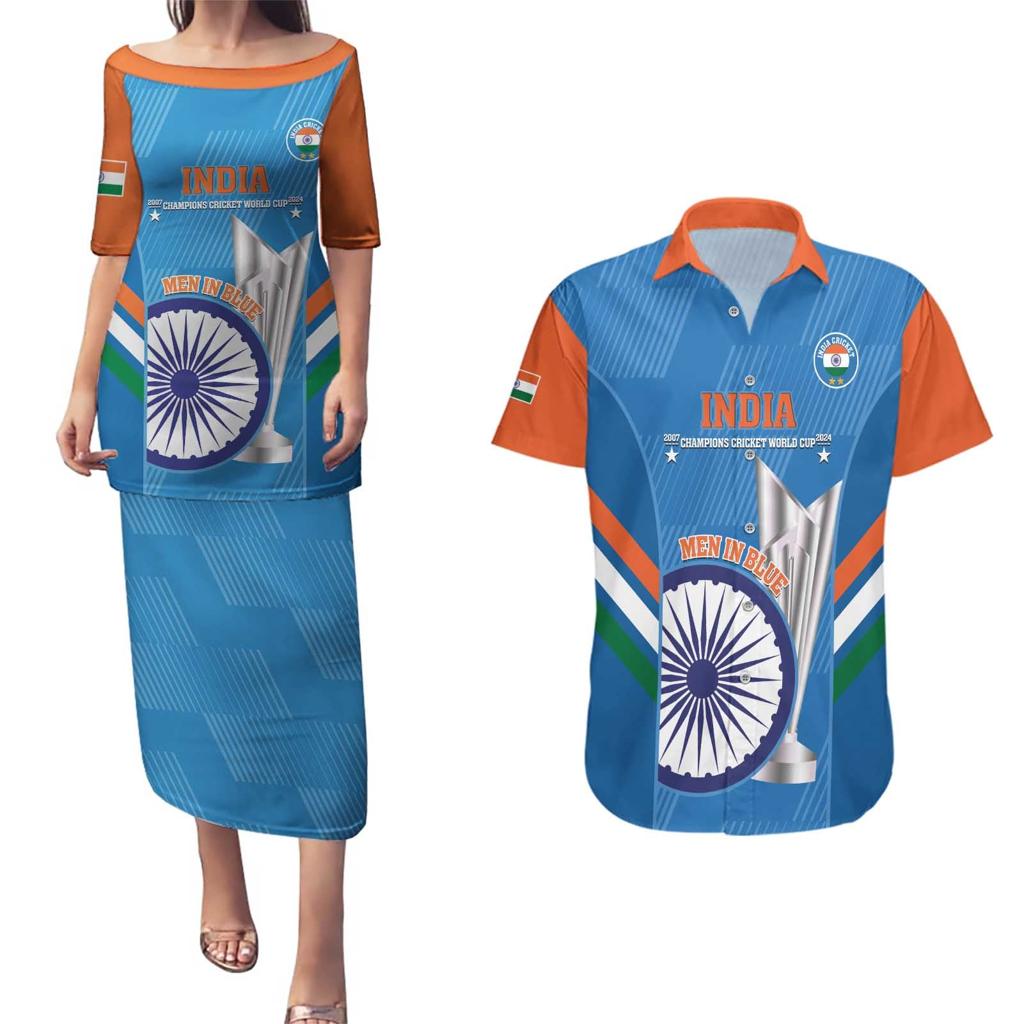 Custom India Cricket Couples Matching Puletasi and Hawaiian Shirt 2nd Champions World Cup Men In Blue