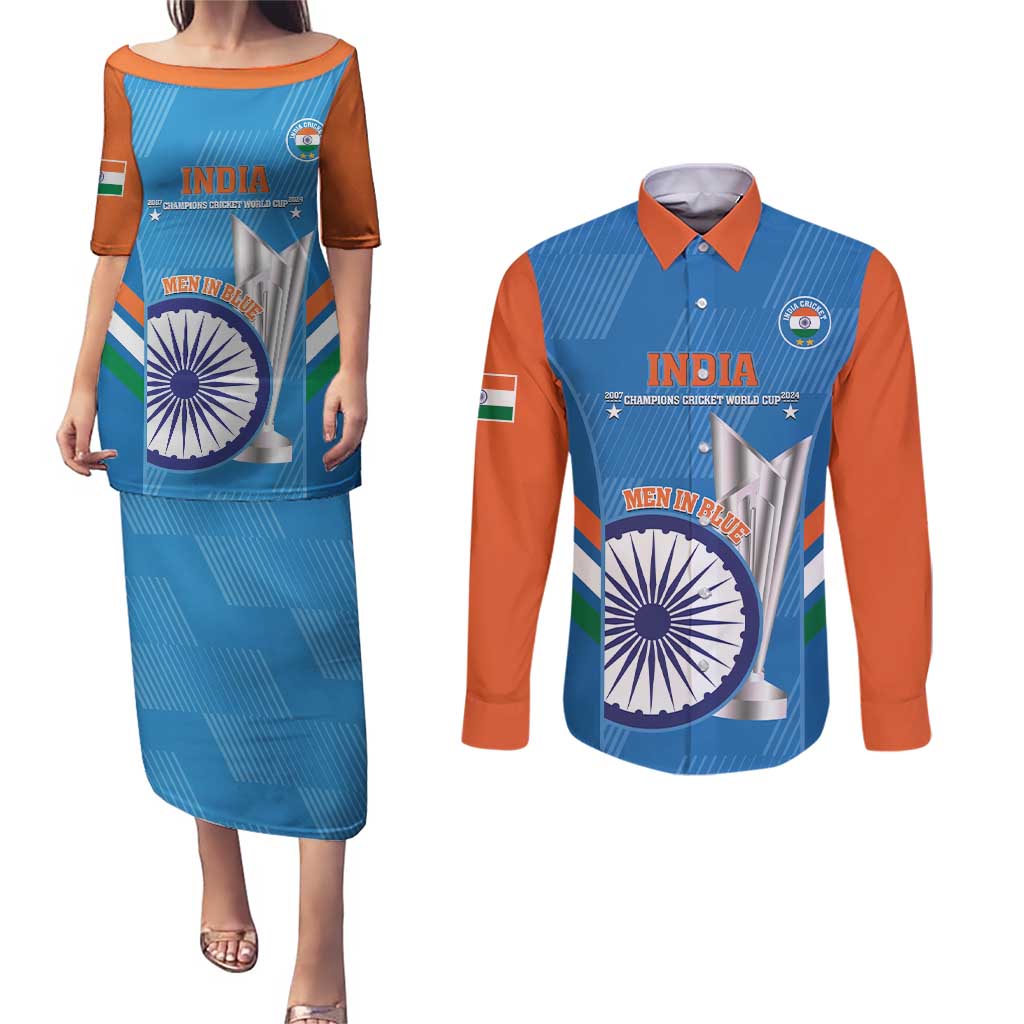 Custom India Cricket Couples Matching Puletasi and Long Sleeve Button Shirt 2nd Champions World Cup Men In Blue