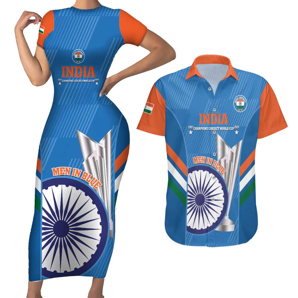 Custom India Cricket Couples Matching Short Sleeve Bodycon Dress and Hawaiian Shirt 2nd Champions World Cup Men In Blue