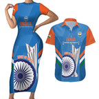 Custom India Cricket Couples Matching Short Sleeve Bodycon Dress and Hawaiian Shirt 2nd Champions World Cup Men In Blue