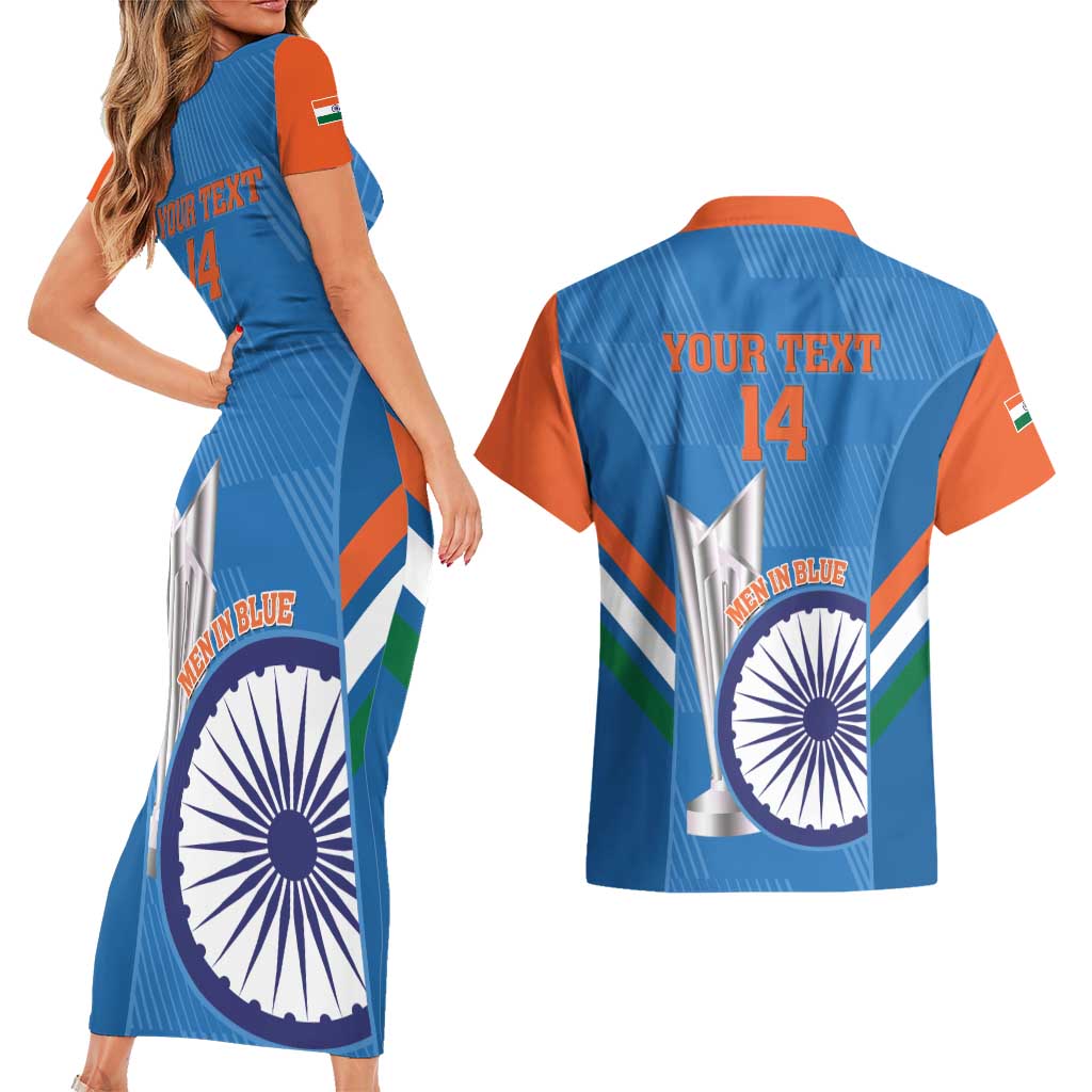 Custom India Cricket Couples Matching Short Sleeve Bodycon Dress and Hawaiian Shirt 2nd Champions World Cup Men In Blue
