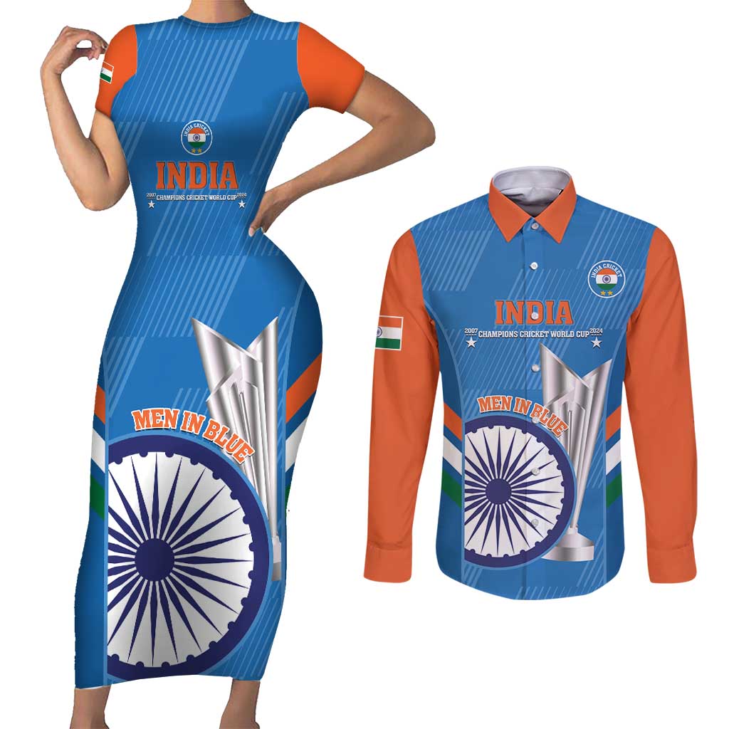 Custom India Cricket Couples Matching Short Sleeve Bodycon Dress and Long Sleeve Button Shirt 2nd Champions World Cup Men In Blue