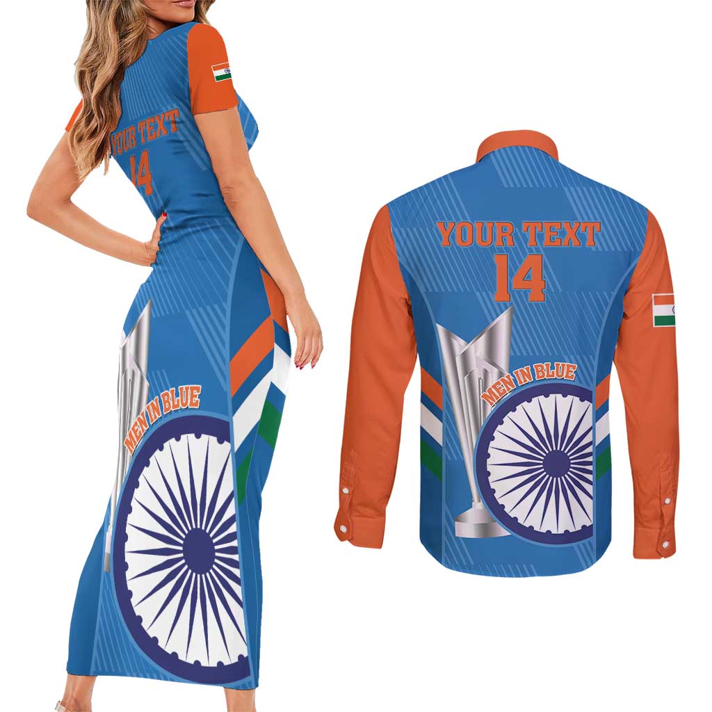Custom India Cricket Couples Matching Short Sleeve Bodycon Dress and Long Sleeve Button Shirt 2nd Champions World Cup Men In Blue