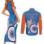 Custom India Cricket Couples Matching Short Sleeve Bodycon Dress and Long Sleeve Button Shirt 2nd Champions World Cup Men In Blue