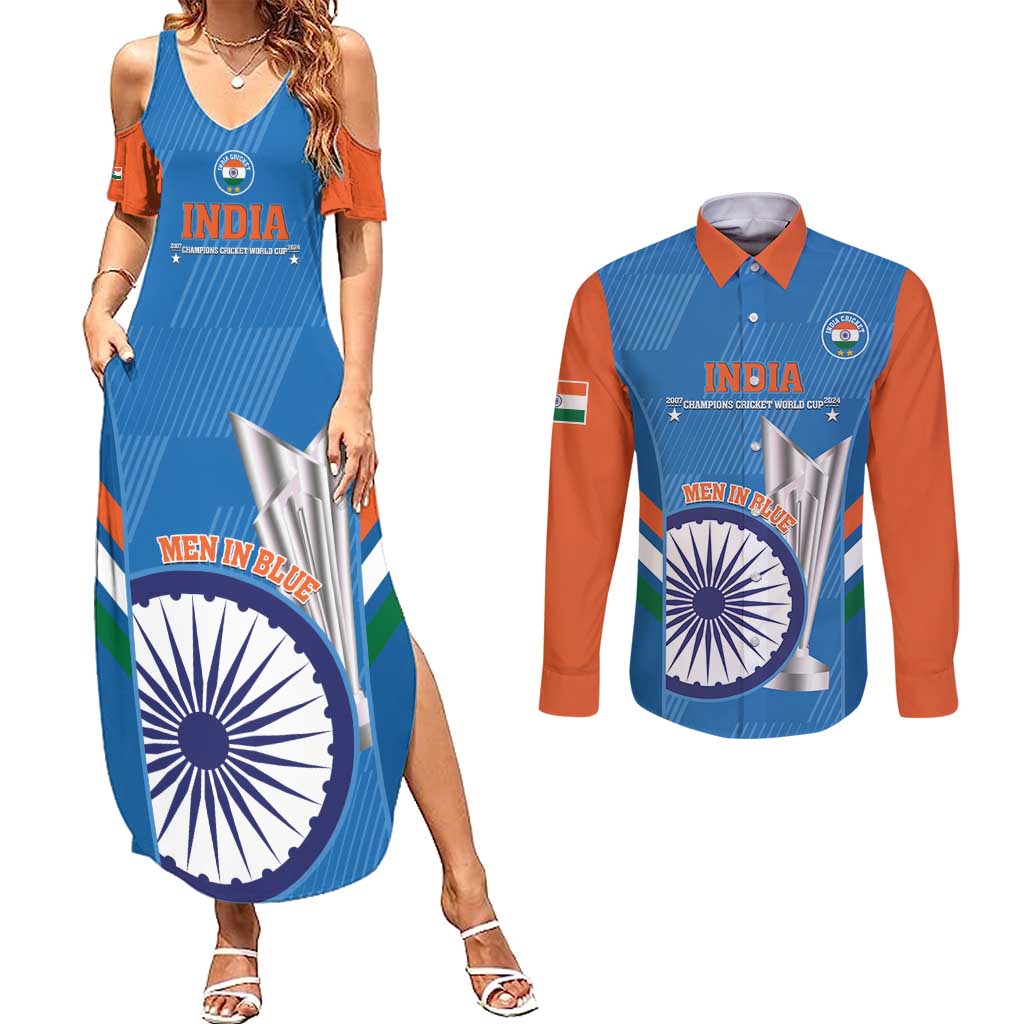Custom India Cricket Couples Matching Summer Maxi Dress and Long Sleeve Button Shirt 2nd Champions World Cup Men In Blue