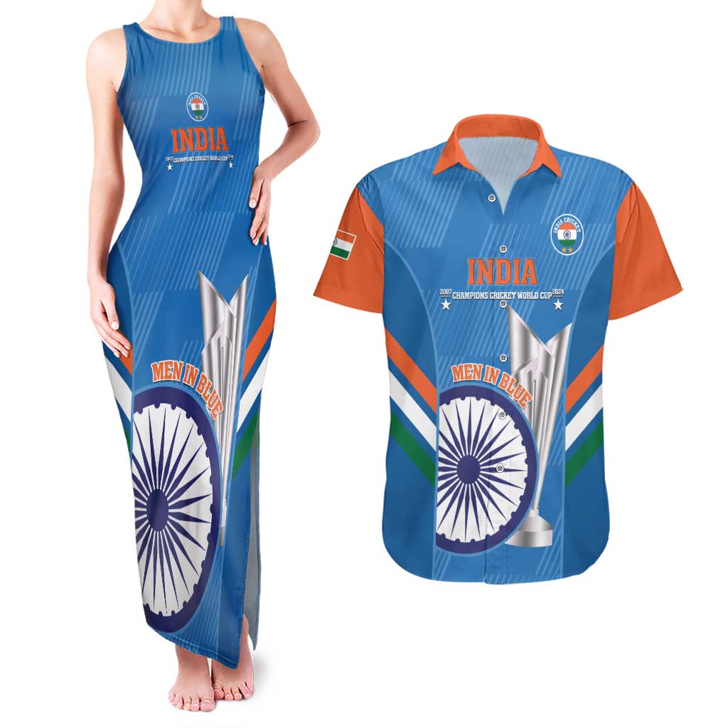 Custom India Cricket Couples Matching Tank Maxi Dress and Hawaiian Shirt 2nd Champions World Cup Men In Blue