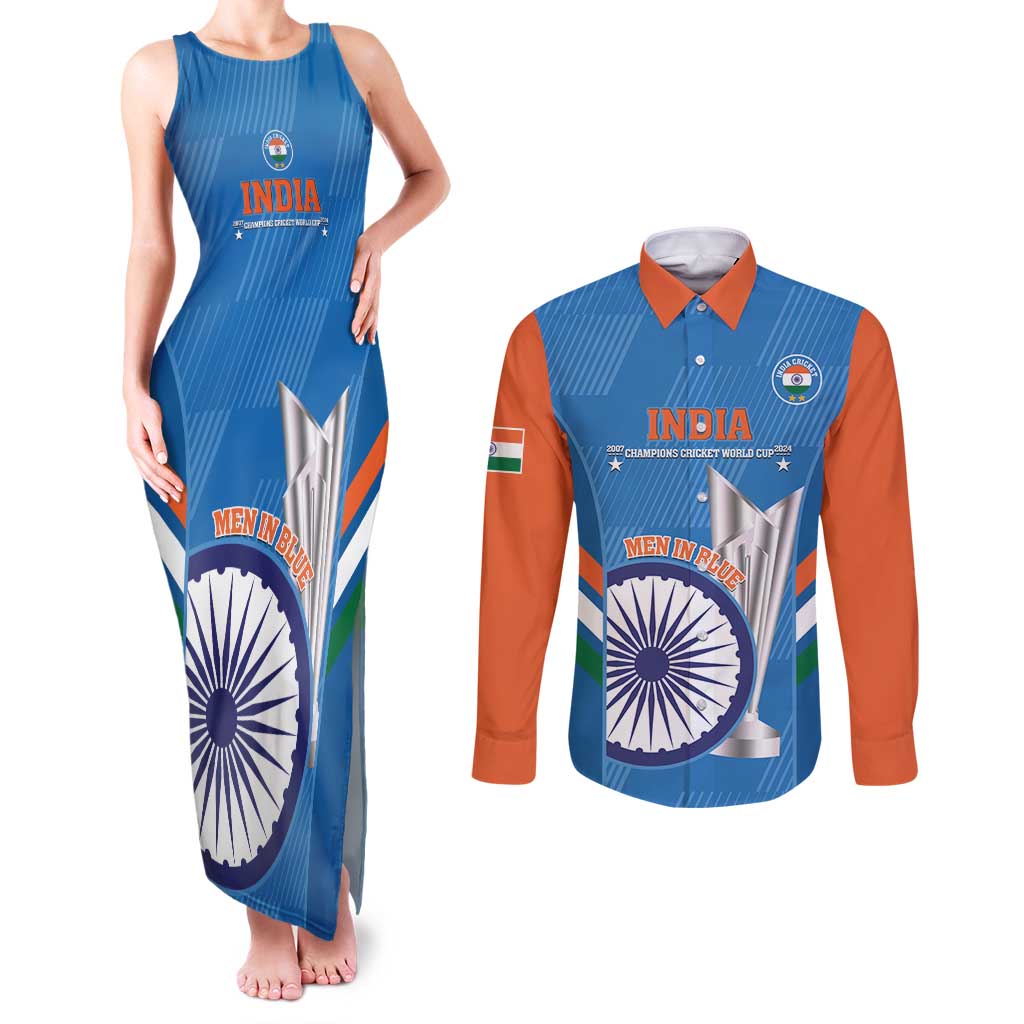Custom India Cricket Couples Matching Tank Maxi Dress and Long Sleeve Button Shirt 2nd Champions World Cup Men In Blue