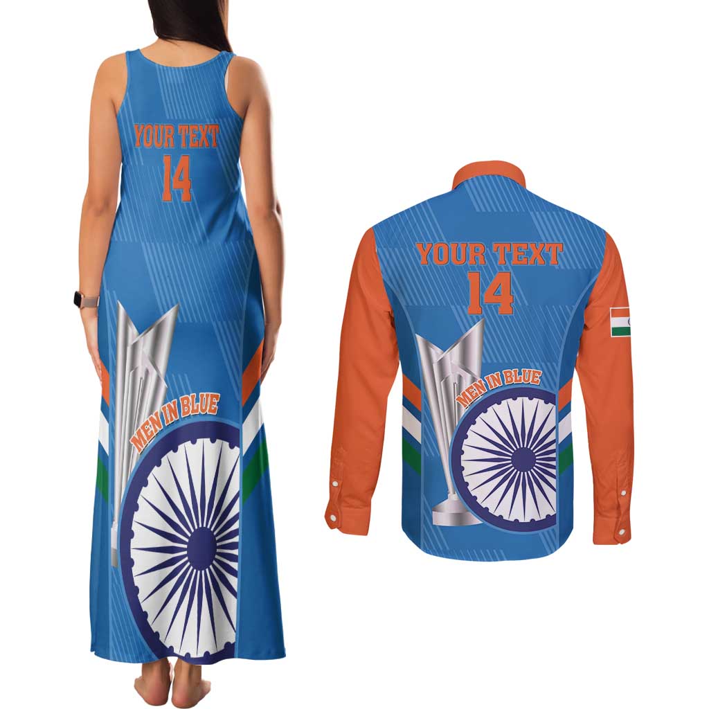 Custom India Cricket Couples Matching Tank Maxi Dress and Long Sleeve Button Shirt 2nd Champions World Cup Men In Blue