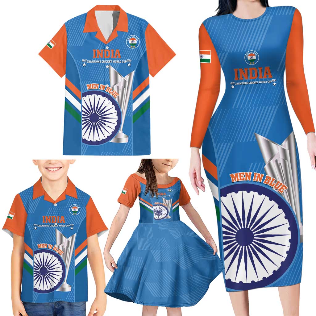 Custom India Cricket Family Matching Long Sleeve Bodycon Dress and Hawaiian Shirt 2nd Champions World Cup Men In Blue