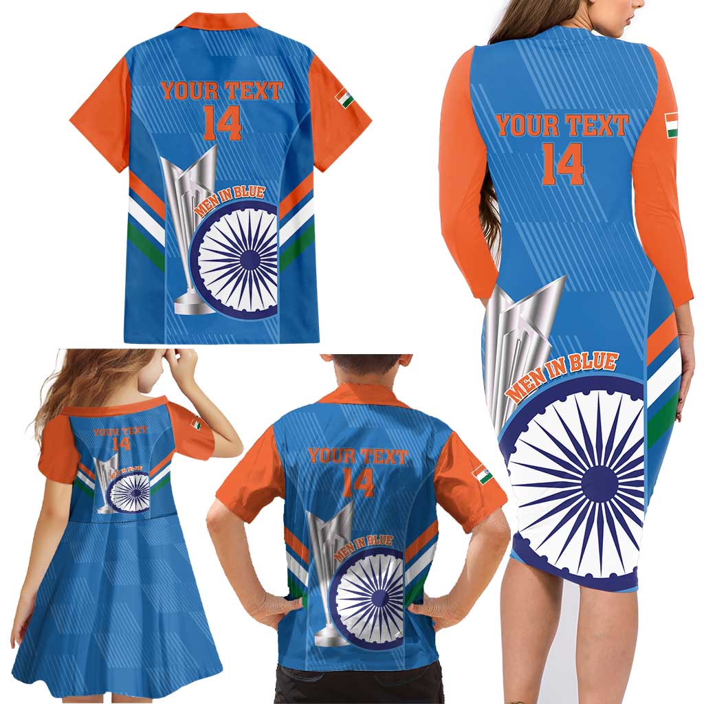 Custom India Cricket Family Matching Long Sleeve Bodycon Dress and Hawaiian Shirt 2nd Champions World Cup Men In Blue