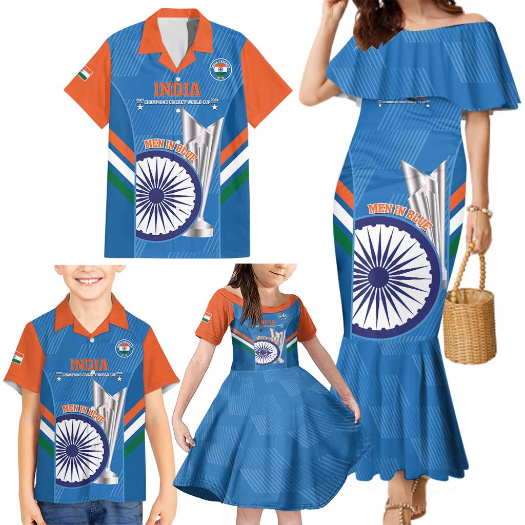 Custom India Cricket Family Matching Mermaid Dress and Hawaiian Shirt 2nd Champions World Cup Men In Blue