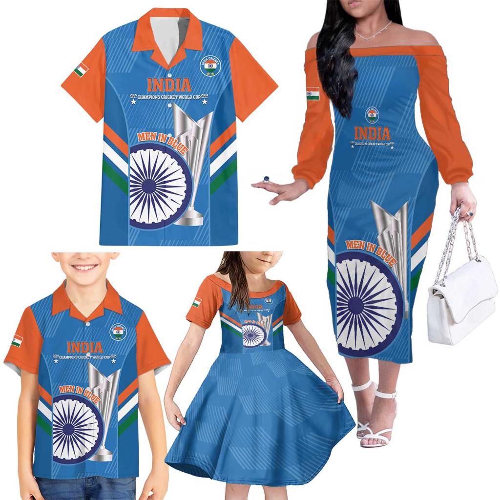 Custom India Cricket Family Matching Off The Shoulder Long Sleeve Dress and Hawaiian Shirt 2nd Champions World Cup Men In Blue