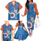 Custom India Cricket Family Matching Off The Shoulder Long Sleeve Dress and Hawaiian Shirt 2nd Champions World Cup Men In Blue