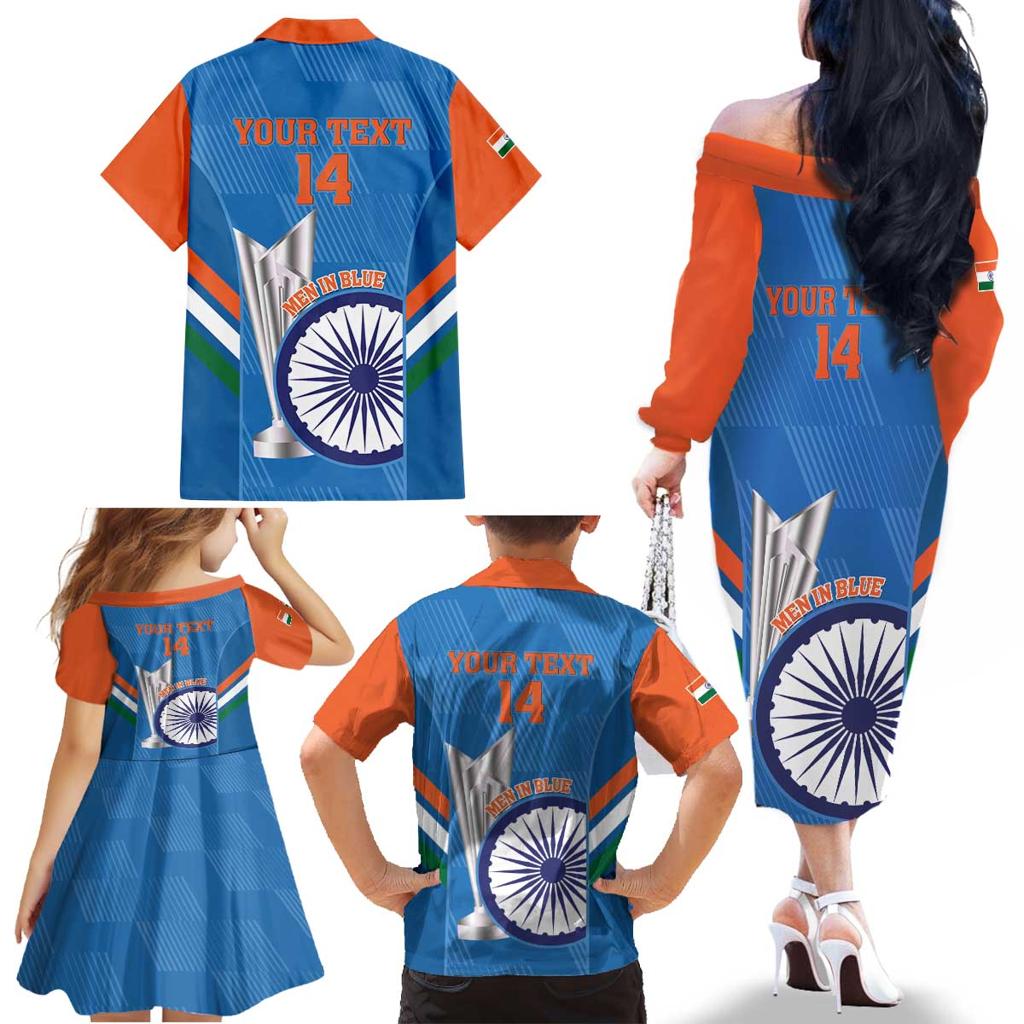 Custom India Cricket Family Matching Off The Shoulder Long Sleeve Dress and Hawaiian Shirt 2nd Champions World Cup Men In Blue