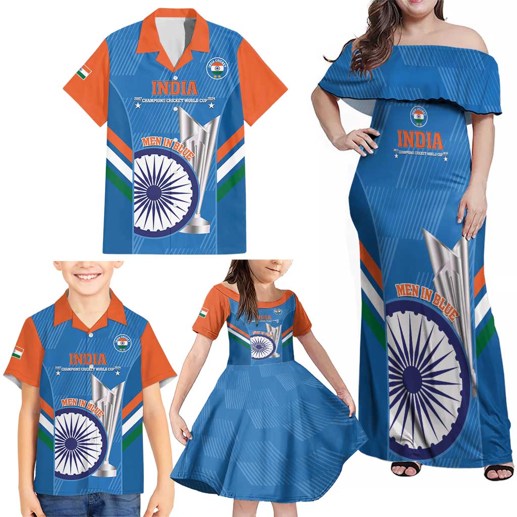 Custom India Cricket Family Matching Off Shoulder Maxi Dress and Hawaiian Shirt 2nd Champions World Cup Men In Blue