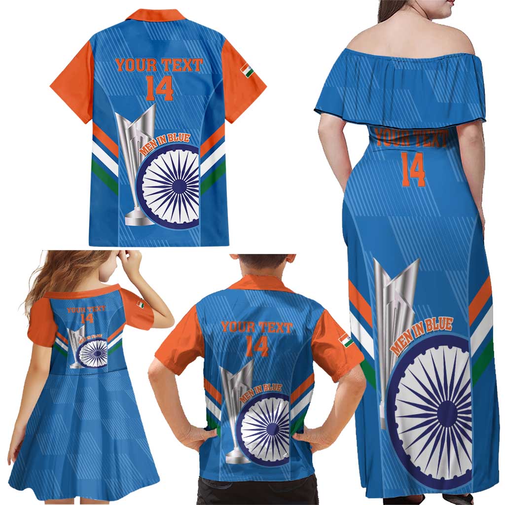 Custom India Cricket Family Matching Off Shoulder Maxi Dress and Hawaiian Shirt 2nd Champions World Cup Men In Blue