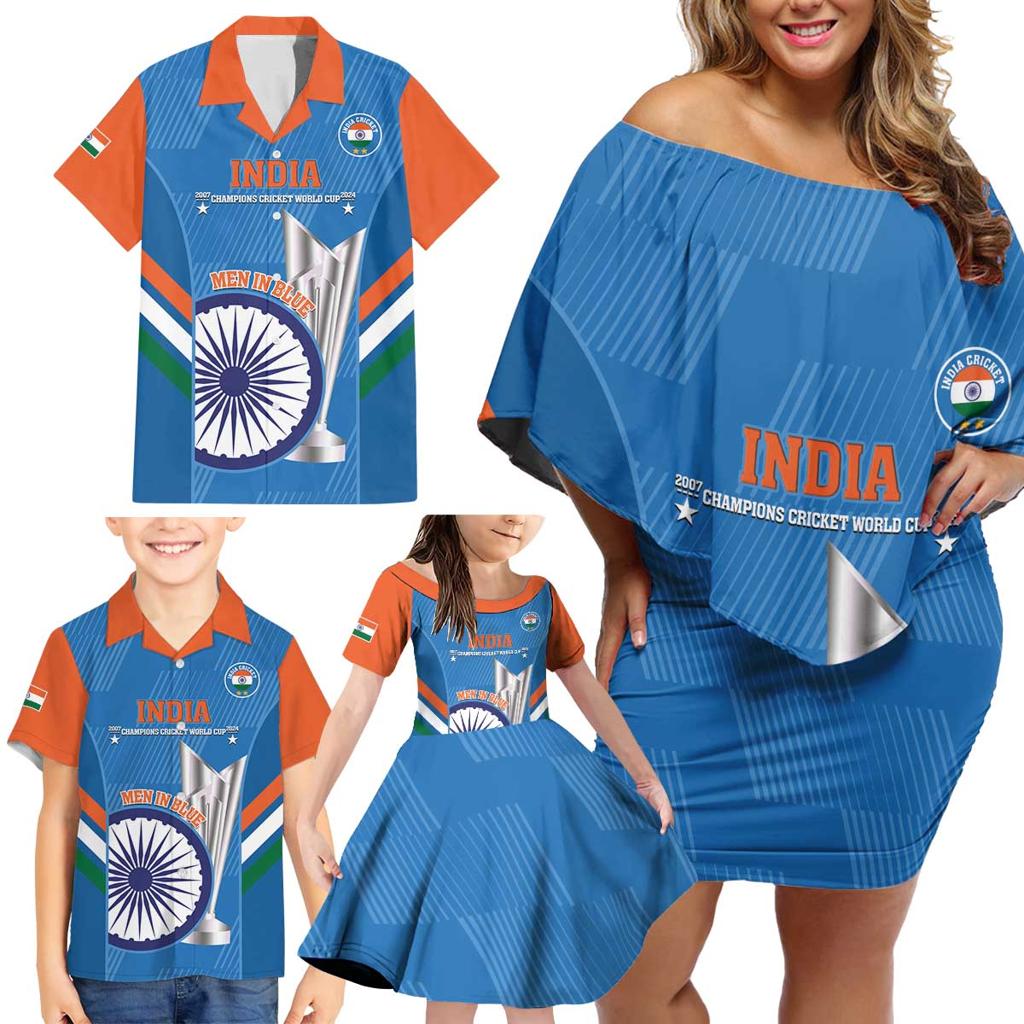 Custom India Cricket Family Matching Off Shoulder Short Dress and Hawaiian Shirt 2nd Champions World Cup Men In Blue