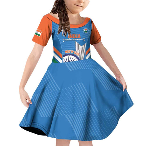 Custom India Cricket Family Matching Off Shoulder Short Dress and Hawaiian Shirt 2nd Champions World Cup Men In Blue