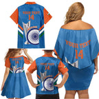 Custom India Cricket Family Matching Off Shoulder Short Dress and Hawaiian Shirt 2nd Champions World Cup Men In Blue