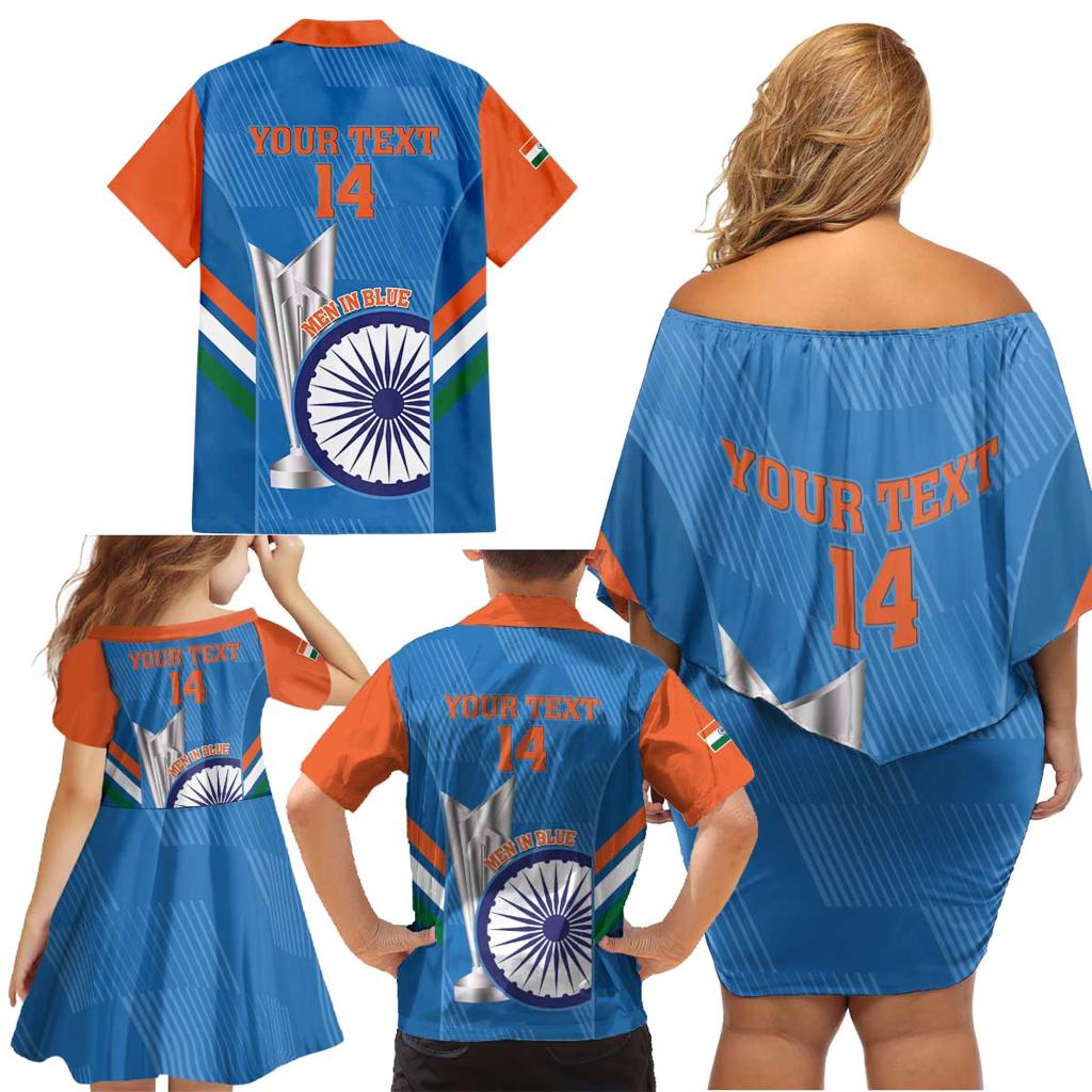 Custom India Cricket Family Matching Off Shoulder Short Dress and Hawaiian Shirt 2nd Champions World Cup Men In Blue