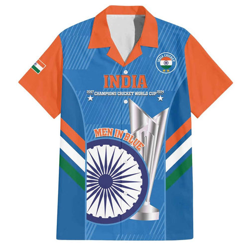 Custom India Cricket Family Matching Off Shoulder Short Dress and Hawaiian Shirt 2nd Champions World Cup Men In Blue