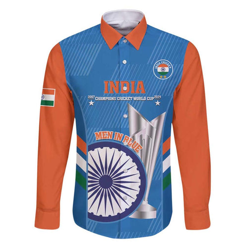 Custom India Cricket Family Matching Off Shoulder Short Dress and Hawaiian Shirt 2nd Champions World Cup Men In Blue