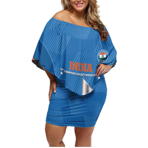 Custom India Cricket Family Matching Off Shoulder Short Dress and Hawaiian Shirt 2nd Champions World Cup Men In Blue