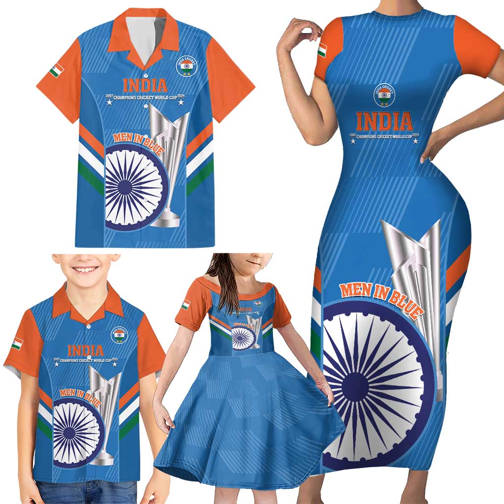 Custom India Cricket Family Matching Short Sleeve Bodycon Dress and Hawaiian Shirt 2nd Champions World Cup Men In Blue