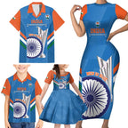 Custom India Cricket Family Matching Short Sleeve Bodycon Dress and Hawaiian Shirt 2nd Champions World Cup Men In Blue