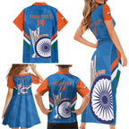 Custom India Cricket Family Matching Short Sleeve Bodycon Dress and Hawaiian Shirt 2nd Champions World Cup Men In Blue