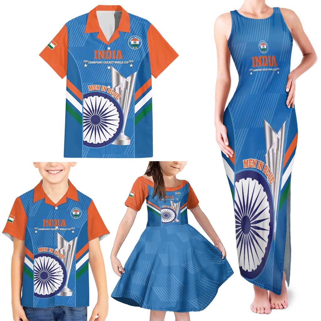 Custom India Cricket Family Matching Tank Maxi Dress and Hawaiian Shirt 2nd Champions World Cup Men In Blue