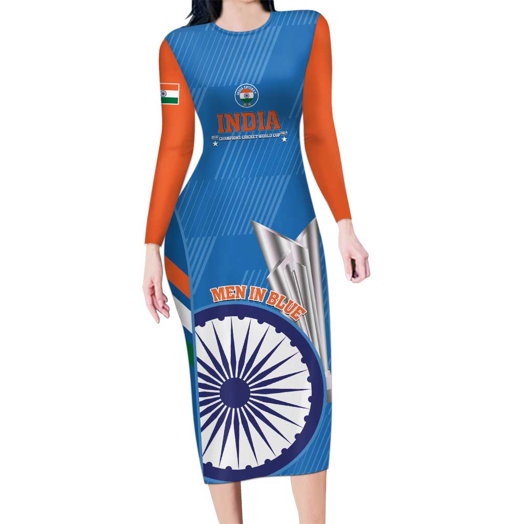 Custom India Cricket Long Sleeve Bodycon Dress 2nd Champions World Cup Men In Blue