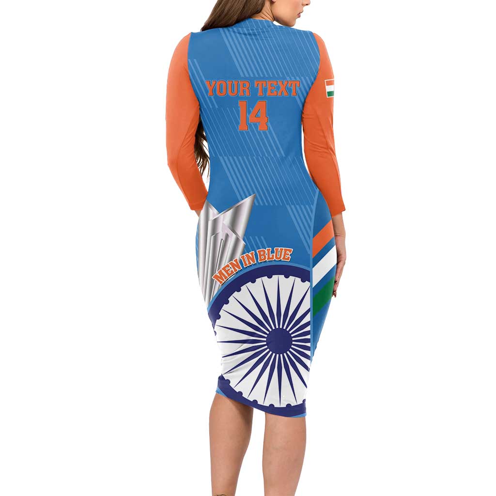 Custom India Cricket Long Sleeve Bodycon Dress 2nd Champions World Cup Men In Blue