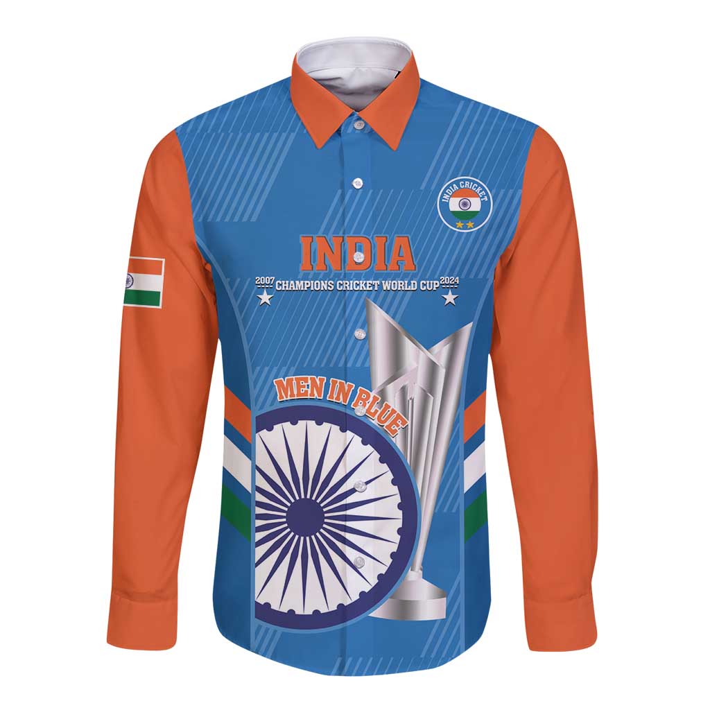Custom India Cricket Long Sleeve Button Shirt 2nd Champions World Cup Men In Blue