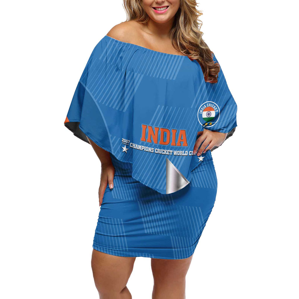 Custom India Cricket Off Shoulder Short Dress 2nd Champions World Cup Men In Blue