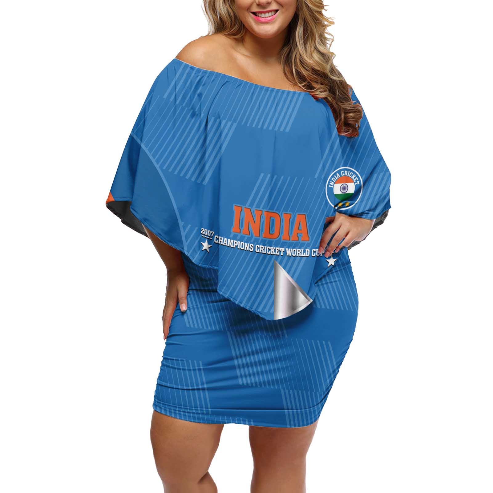 Custom India Cricket Off Shoulder Short Dress 2nd Champions World Cup Men In Blue