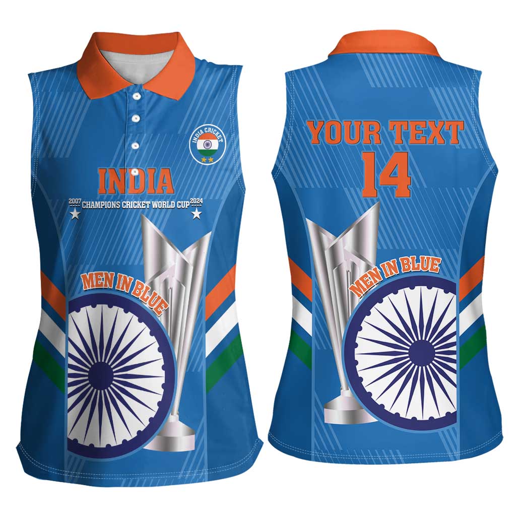 Custom India Cricket Women Sleeveless Polo Shirt 2nd Champions World Cup Men In Blue