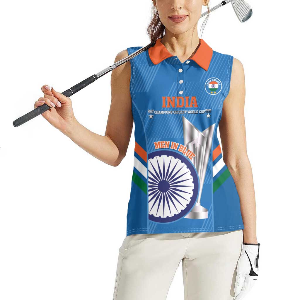 Custom India Cricket Women Sleeveless Polo Shirt 2nd Champions World Cup Men In Blue