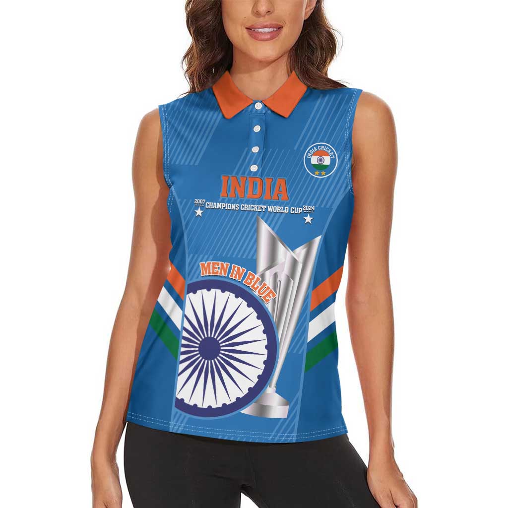 Custom India Cricket Women Sleeveless Polo Shirt 2nd Champions World Cup Men In Blue