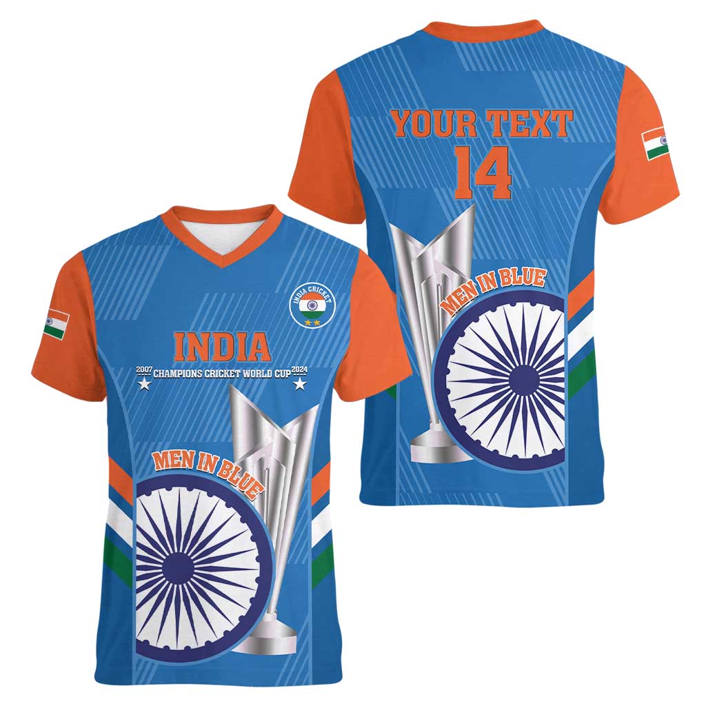 Custom India Cricket Women V-Neck T-Shirt 2nd Champions World Cup Men In Blue