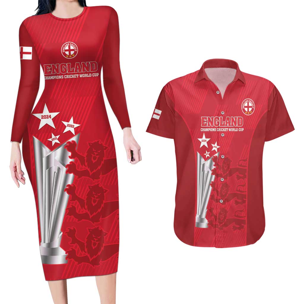 Custom England Cricket Couples Matching Long Sleeve Bodycon Dress and Hawaiian Shirt 3rd Champions World Cup Proud