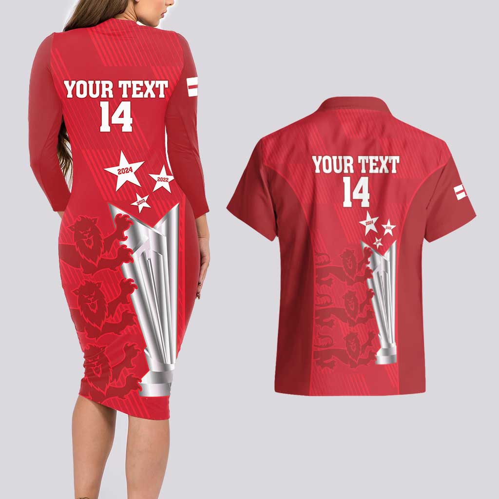 Custom England Cricket Couples Matching Long Sleeve Bodycon Dress and Hawaiian Shirt 3rd Champions World Cup Proud