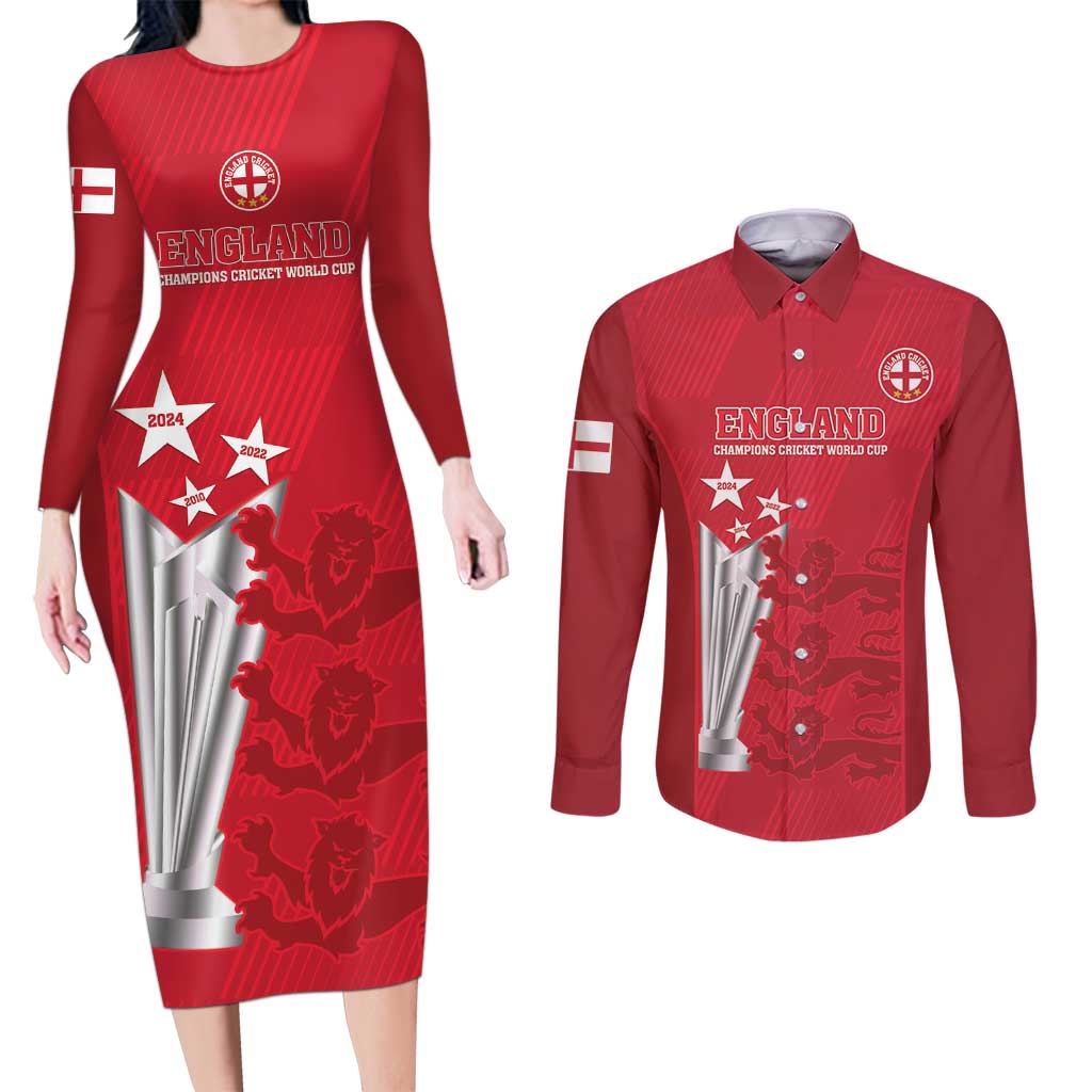Custom England Cricket Couples Matching Long Sleeve Bodycon Dress and Long Sleeve Button Shirt 3rd Champions World Cup Proud
