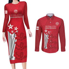 Custom England Cricket Couples Matching Long Sleeve Bodycon Dress and Long Sleeve Button Shirt 3rd Champions World Cup Proud