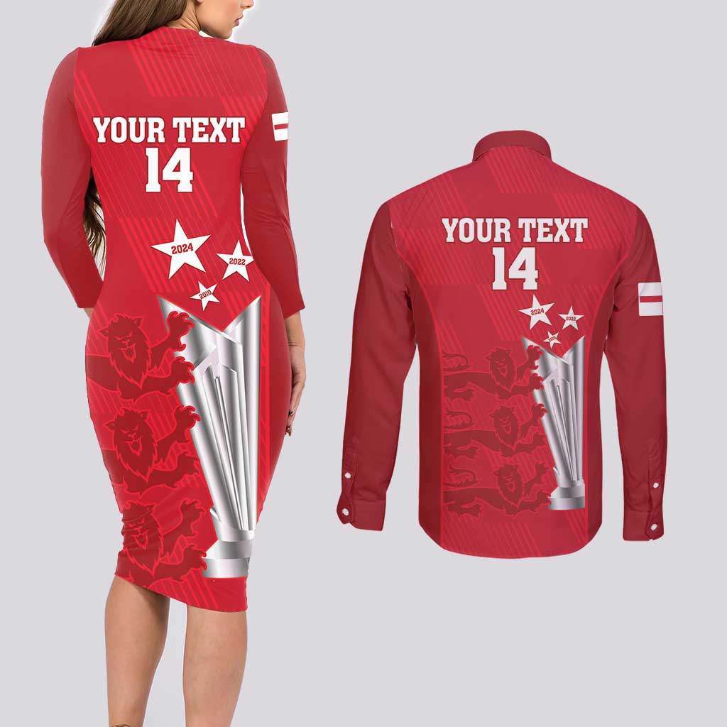 Custom England Cricket Couples Matching Long Sleeve Bodycon Dress and Long Sleeve Button Shirt 3rd Champions World Cup Proud