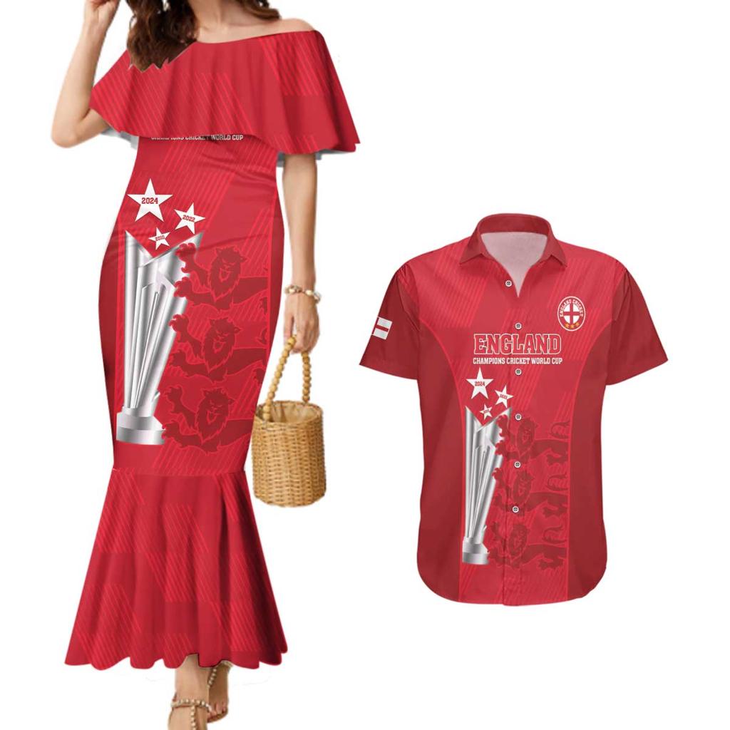 Custom England Cricket Couples Matching Mermaid Dress and Hawaiian Shirt 3rd Champions World Cup Proud