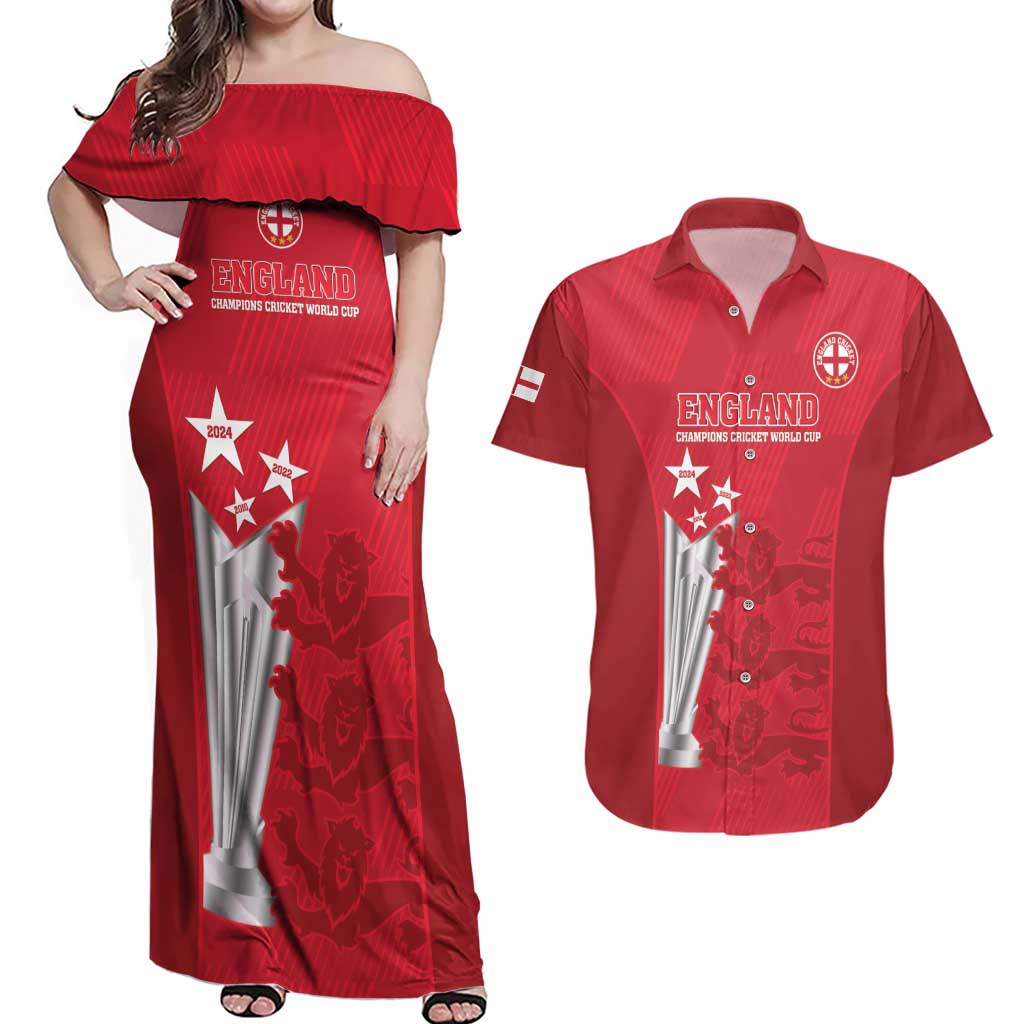 Custom England Cricket Couples Matching Off Shoulder Maxi Dress and Hawaiian Shirt 3rd Champions World Cup Proud