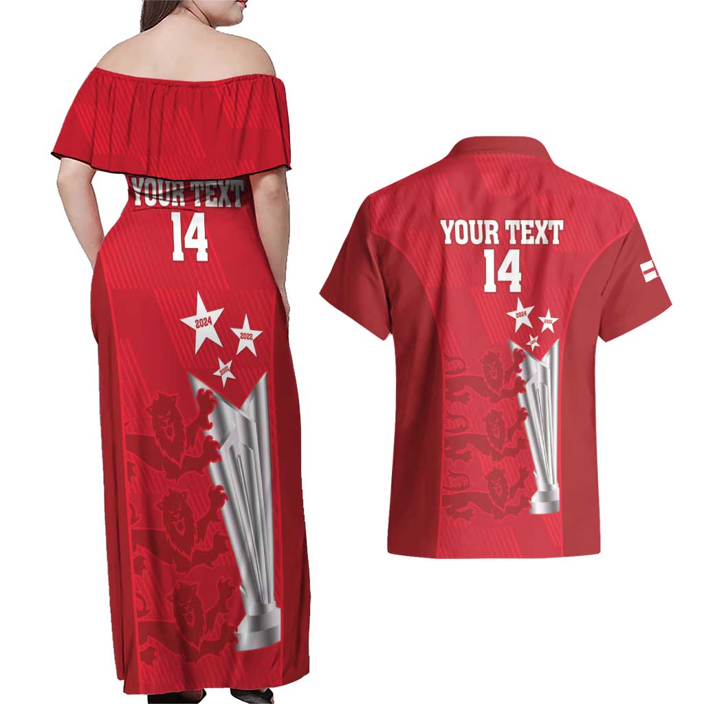 Custom England Cricket Couples Matching Off Shoulder Maxi Dress and Hawaiian Shirt 3rd Champions World Cup Proud