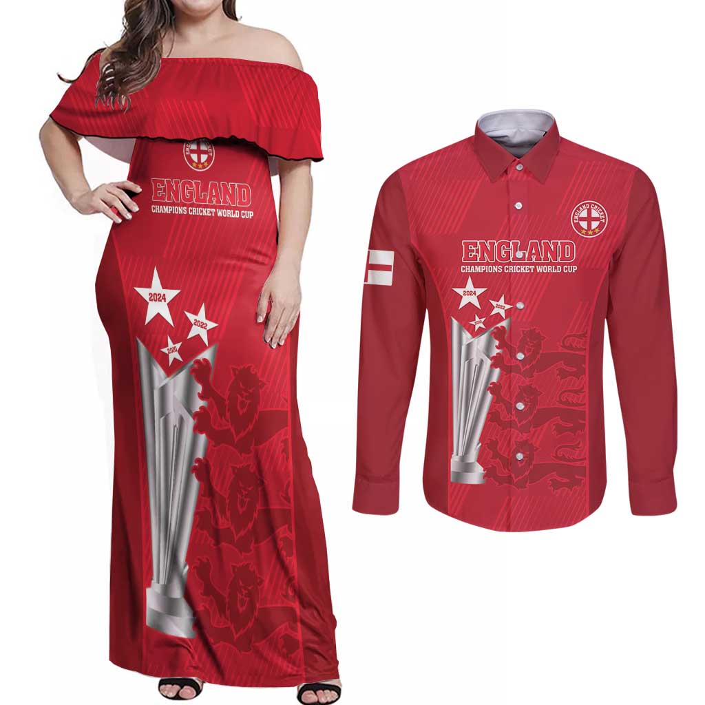 Custom England Cricket Couples Matching Off Shoulder Maxi Dress and Long Sleeve Button Shirt 3rd Champions World Cup Proud