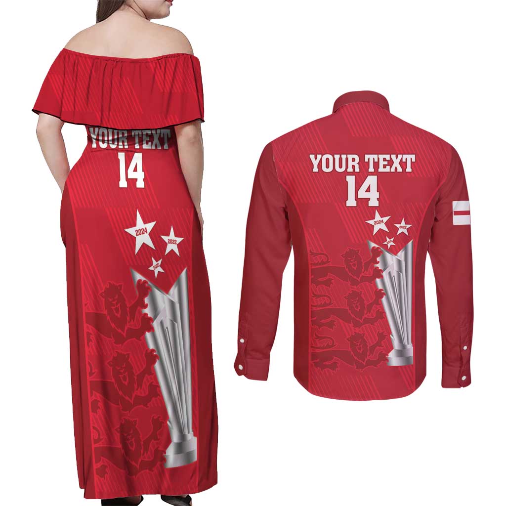 Custom England Cricket Couples Matching Off Shoulder Maxi Dress and Long Sleeve Button Shirt 3rd Champions World Cup Proud